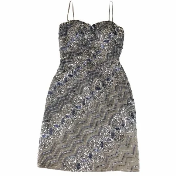 SCALA Sequin Beaded Embellished Chain Metallic Strapless Cocktail Prom Dress 0 - Picture 3 of 10